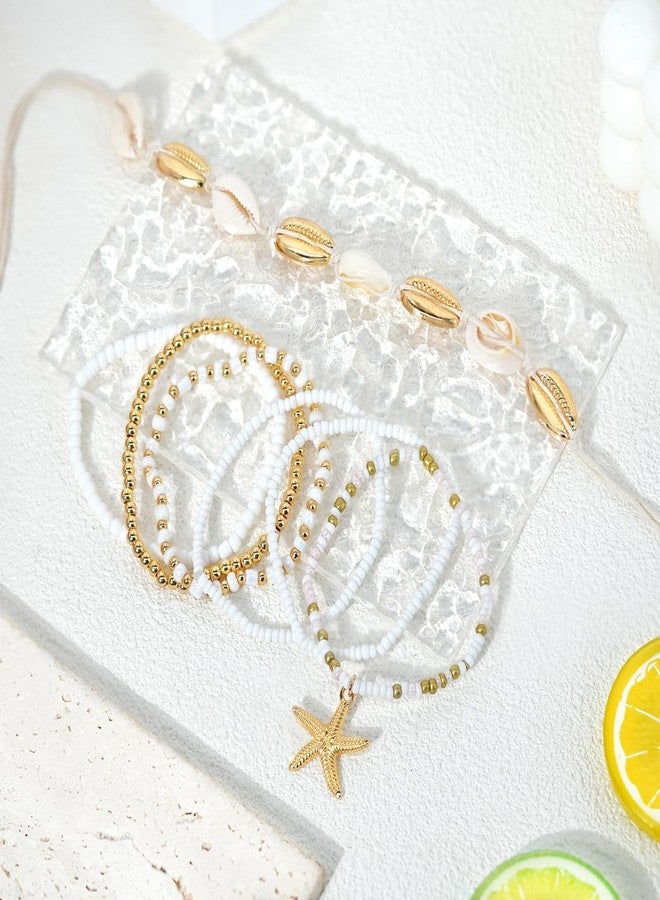 Palotay Summer Beach Bracelets Bohomian Seashell Starfish Bracelet Handmade Braided Shell Beaded Bracelets Set Stretch Waterproof Surfer Bracelet for Women Vacation Jewelry Tropical Gold - Image 4